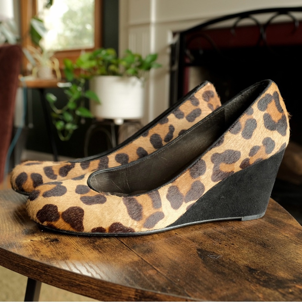 Stuart Weitzman Animal Print Pony Hair Wedge Pumps, Size 6.5M Made in Spain